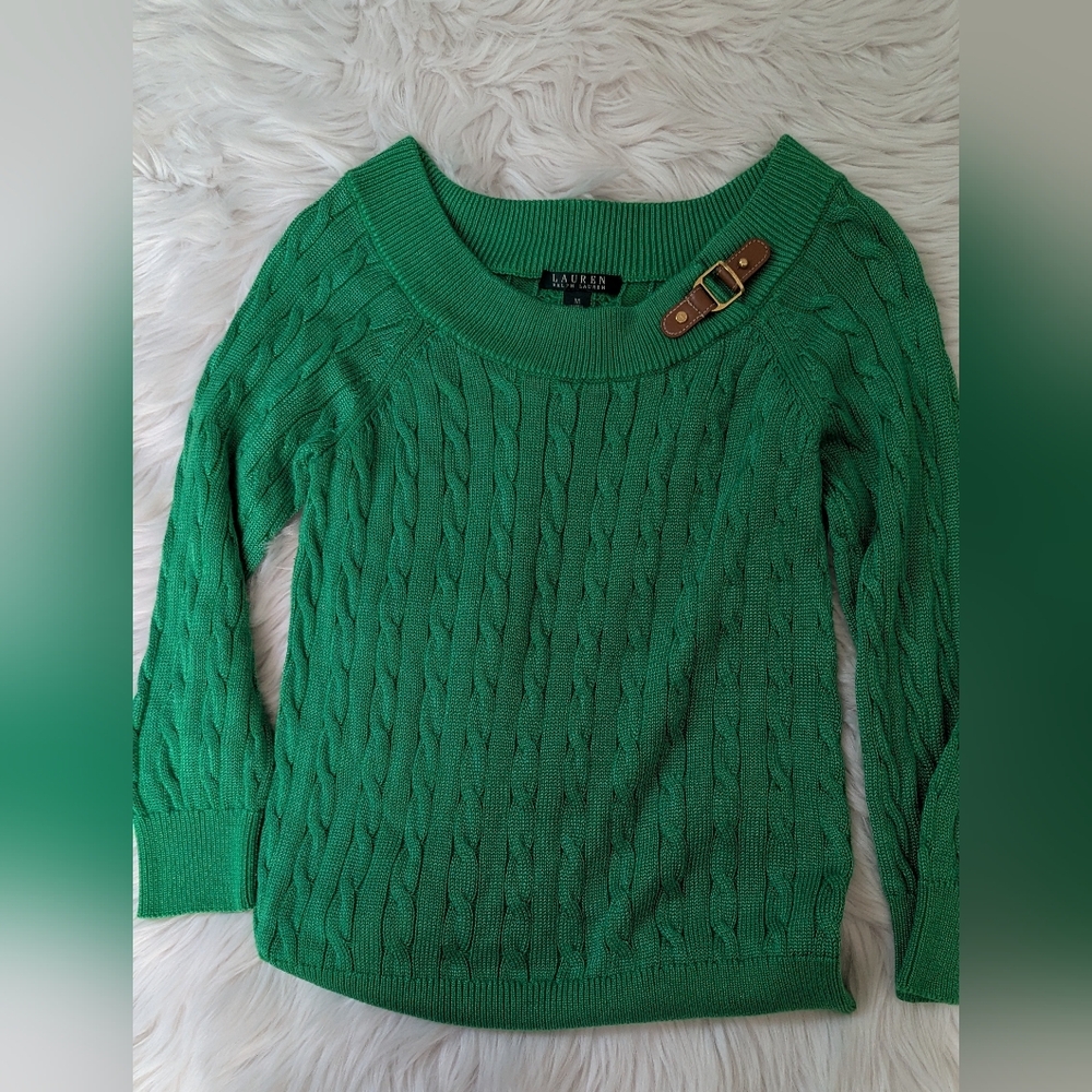 Vintage Ralph Lauren Emerald Cable Knit Sweater with Buckle Detail